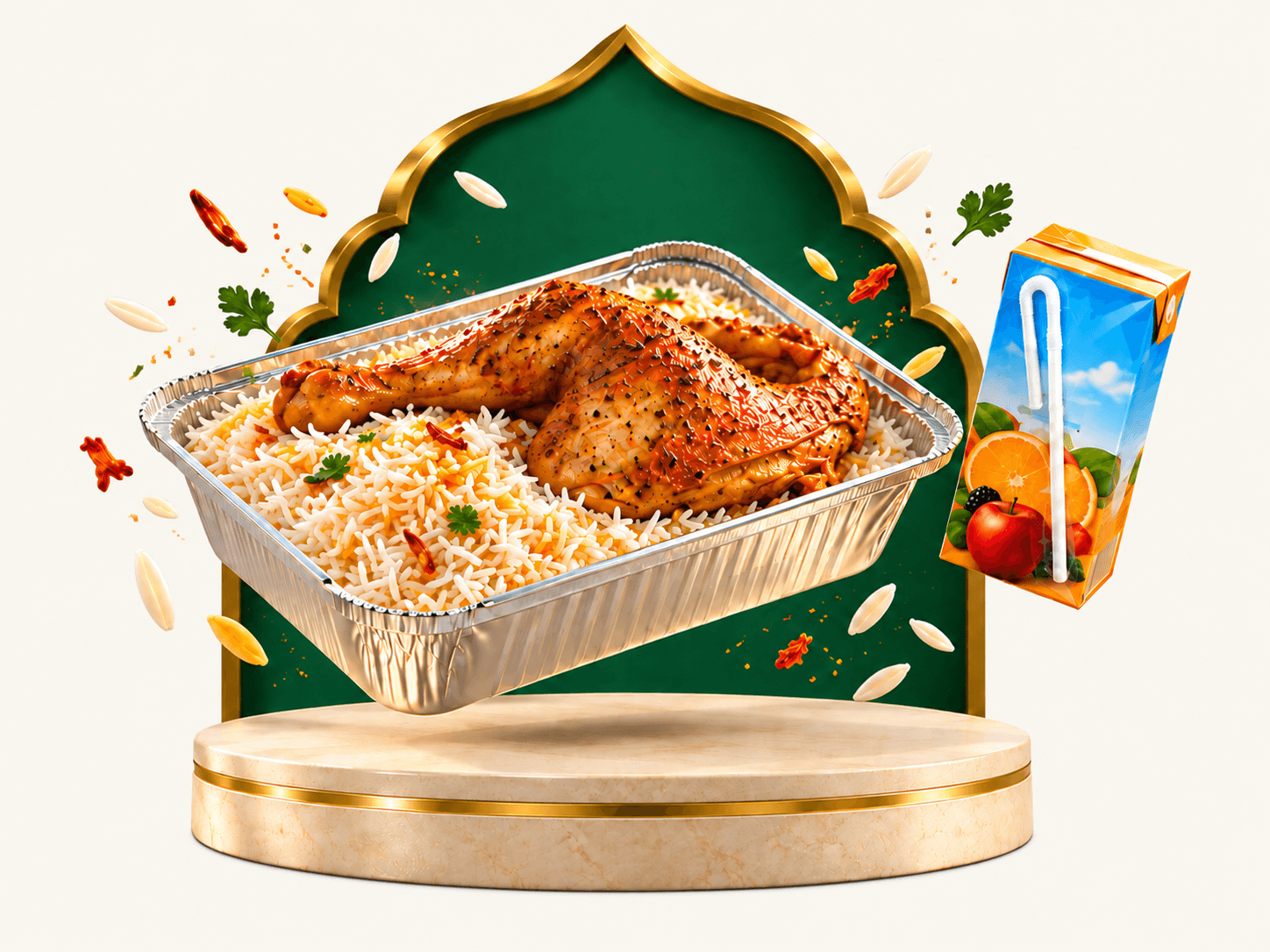 Un repas composé de riz, de poulet et d'une boisson présenté sur un socle jade